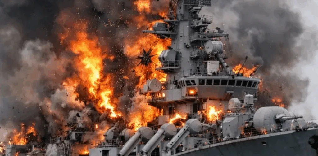 Військовий корабель у полум'ї та димі