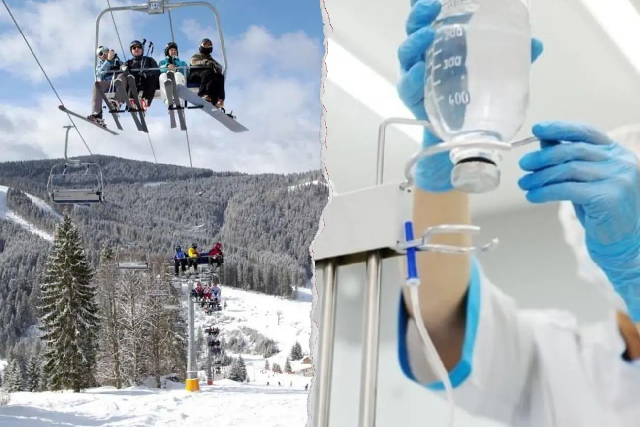 Гірськолижний підйомник і медичний працівник з крапельницею