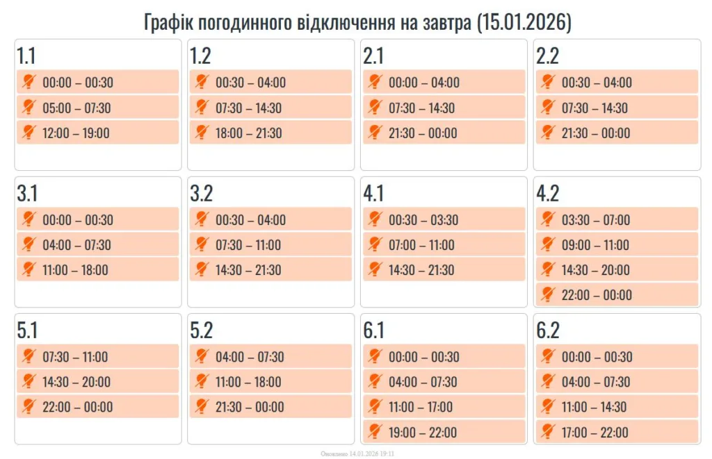 Графік відключення електроенергії на 15 січня 2026