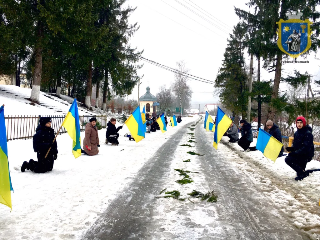 Люди з українськими прапорами стоять на снігу