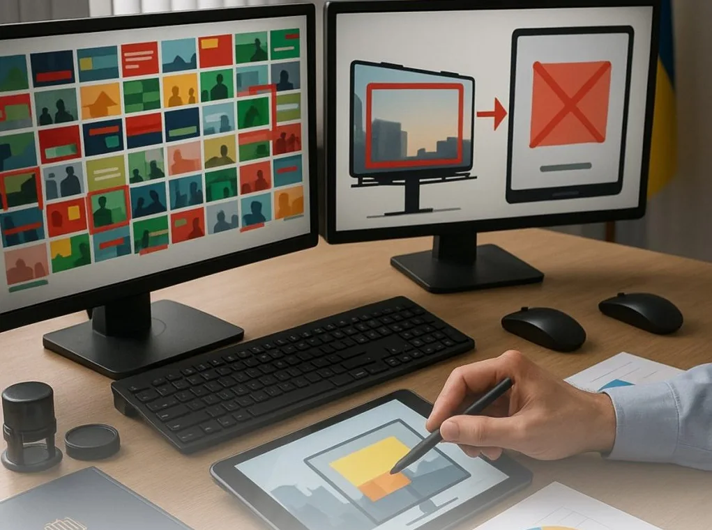 Дизайнер працює над адаптивним вебдизайном на комп'ютері