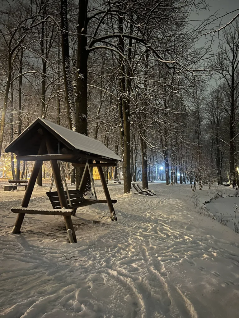 Засніжений парк із лавкою взимку ввечері