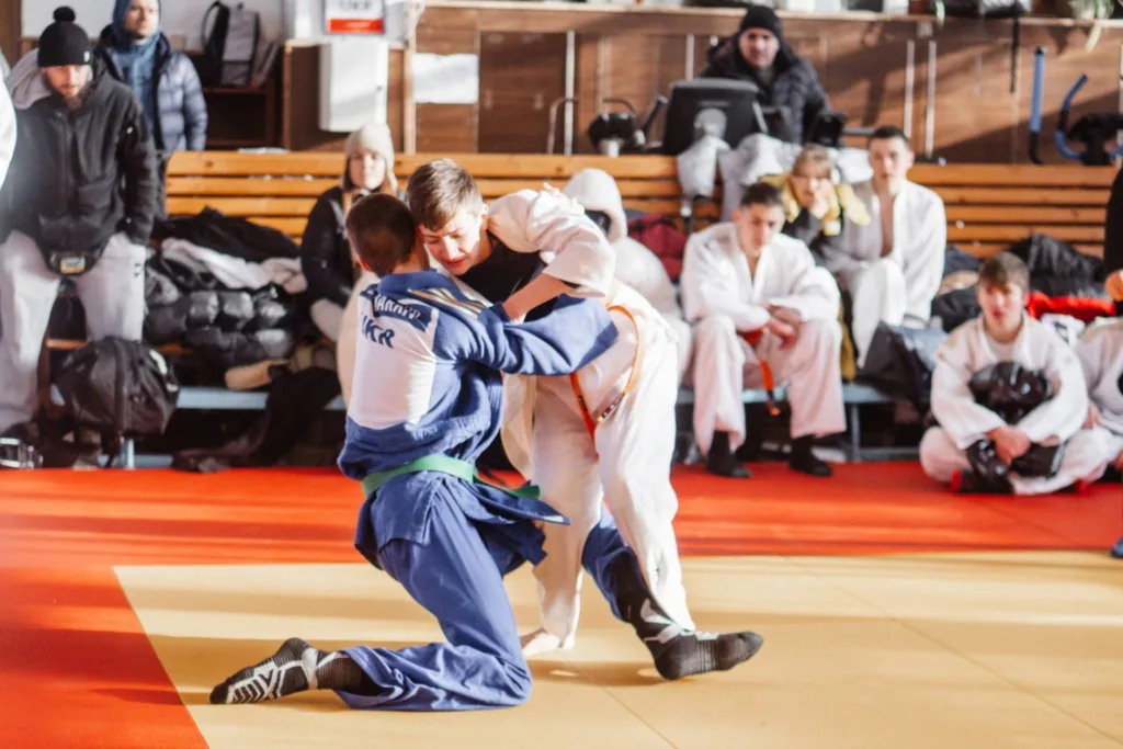 Змагання з дзюдо, двоє спортсменів на татамі