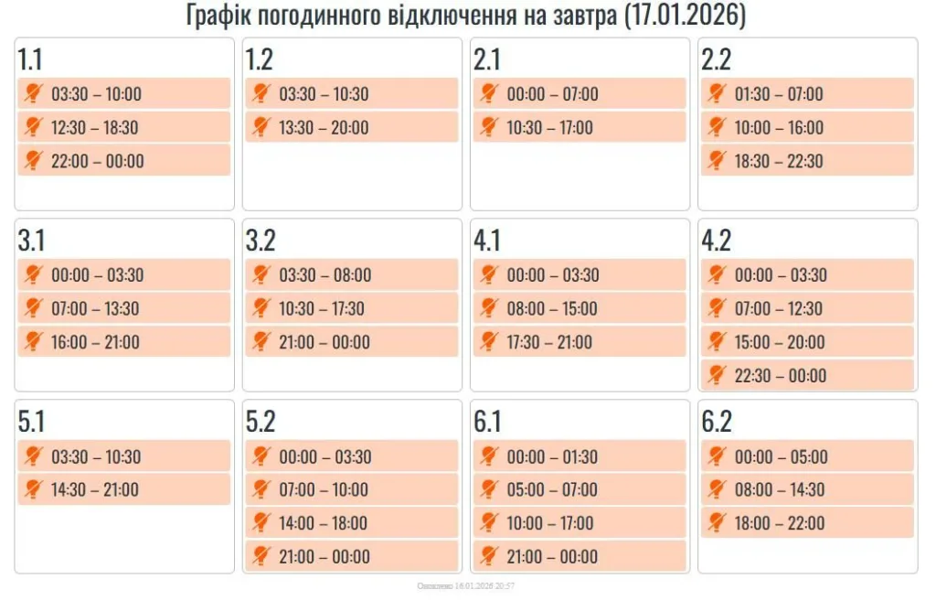 Графік погодинного відключення електроенергії 17 січня 2026