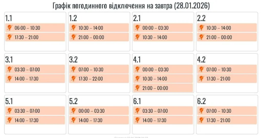 Графік відключення електроенергії на 28 січня 2026