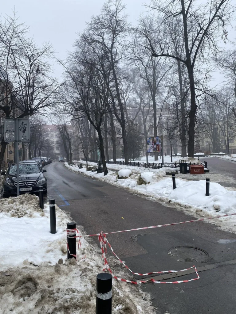 Зимова вулиця з мокрим снігом і туманом