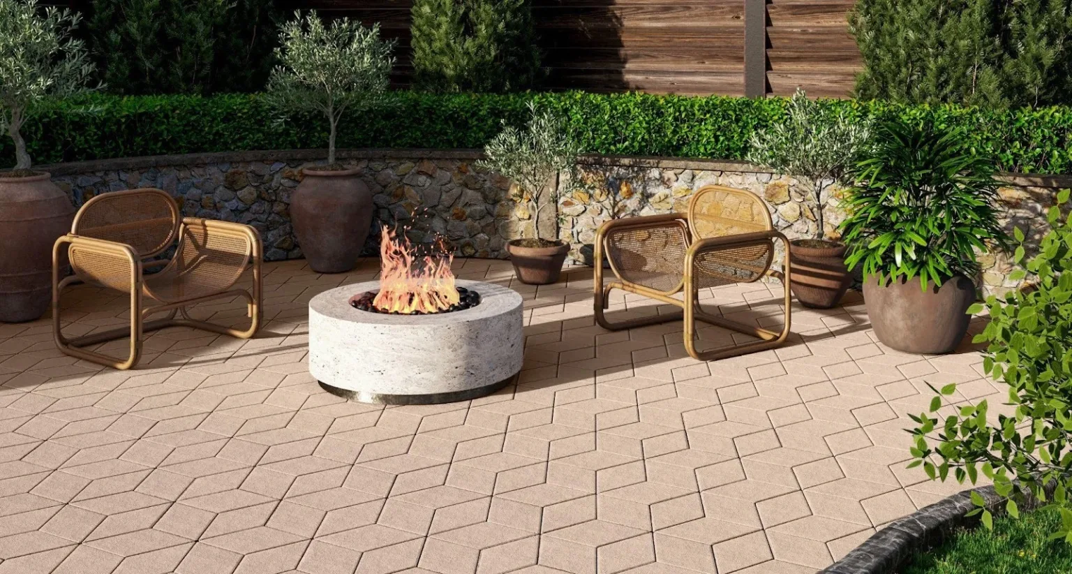 Затишний внутрішній дворик із вогнищем та кріслами