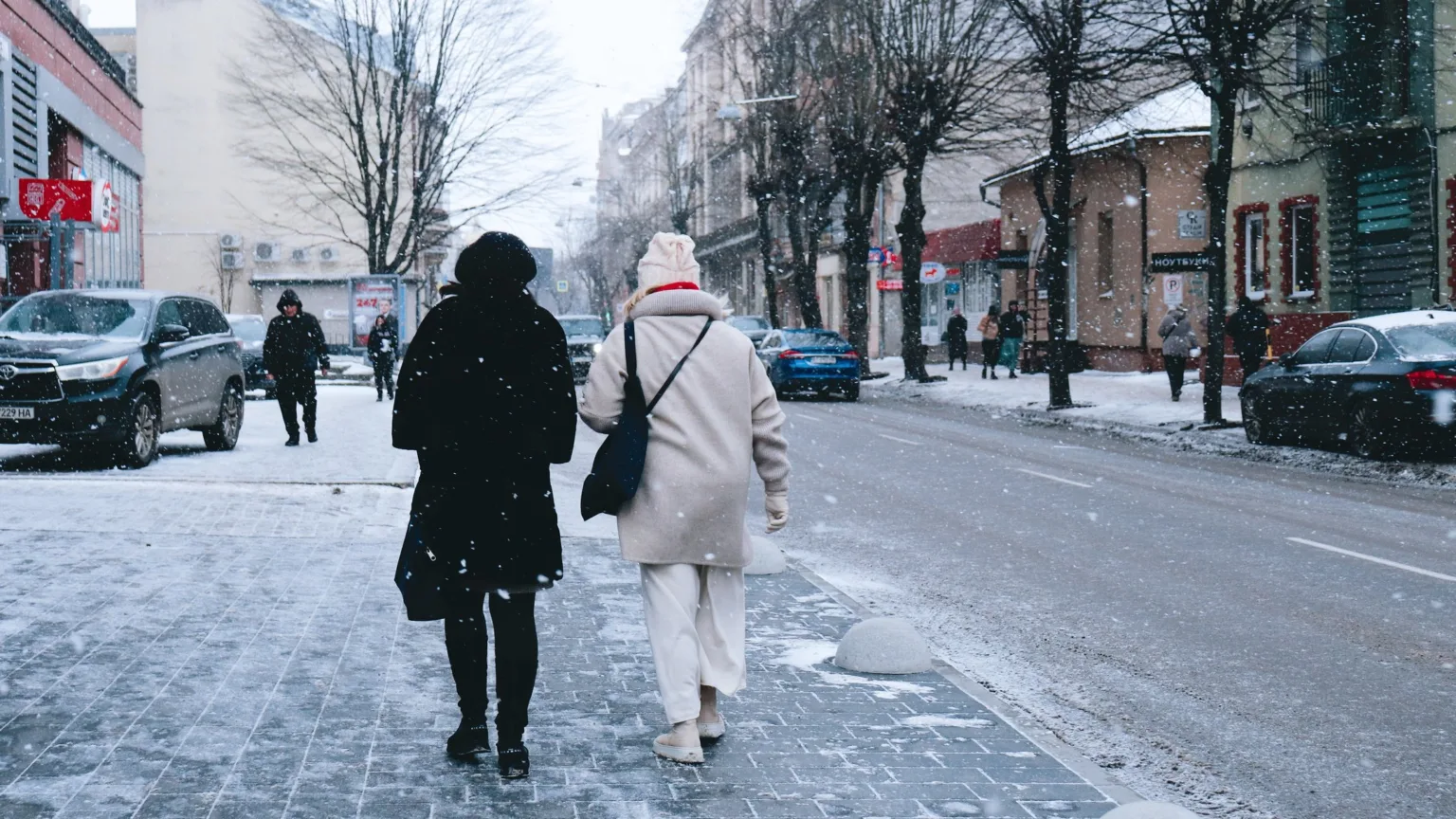 Люди йдуть зимовою вулицею під снігом