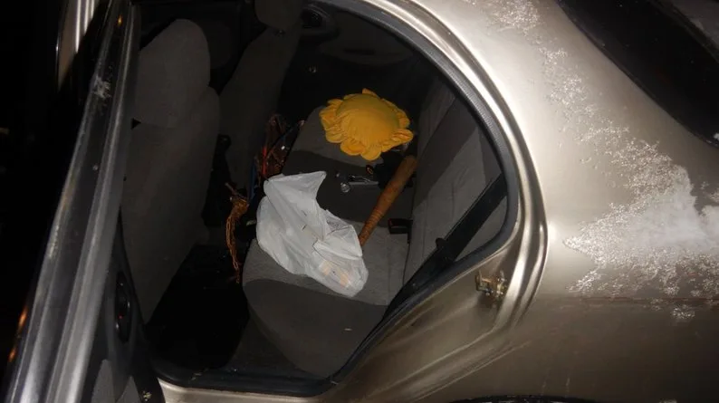 Заднє сидіння автомобіля з речами та подушкою.