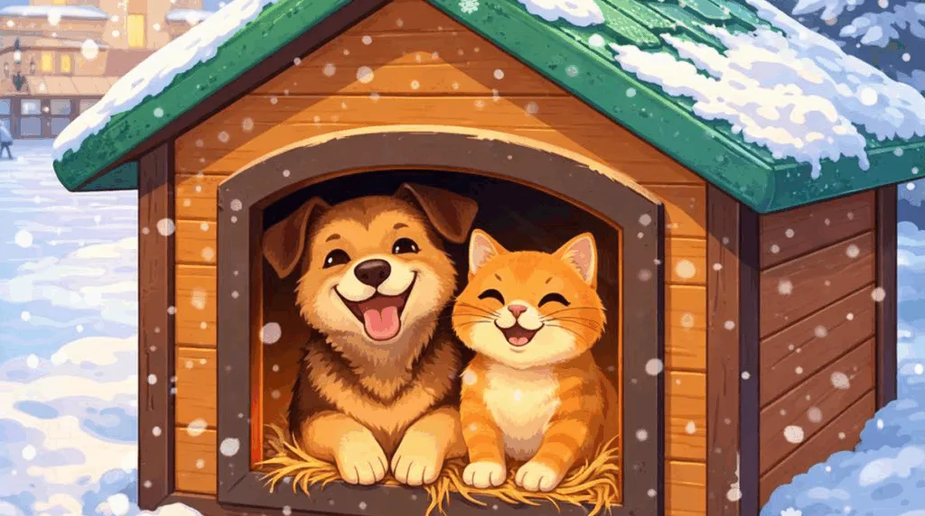 Собака і кіт у будці взимку