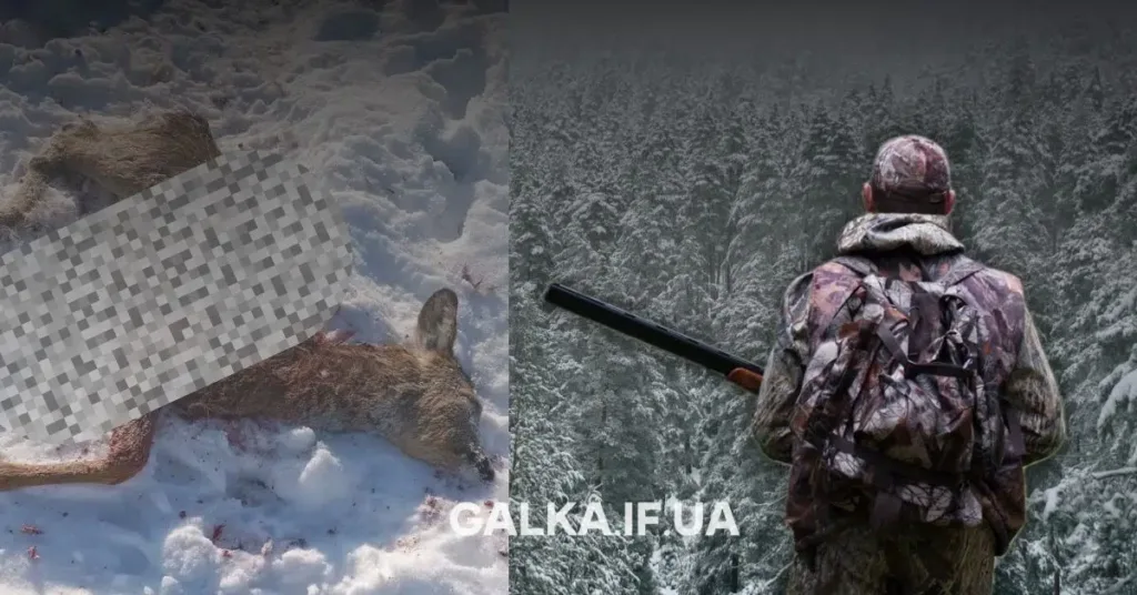 Мисливець у лісі після полювання взимку