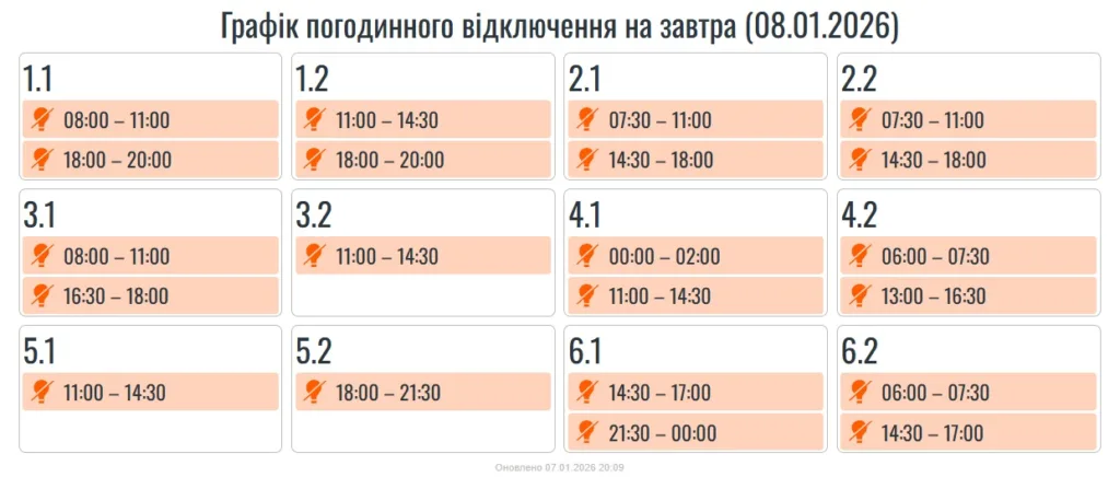 Графік відключень електроенергії на 8 січня 2026