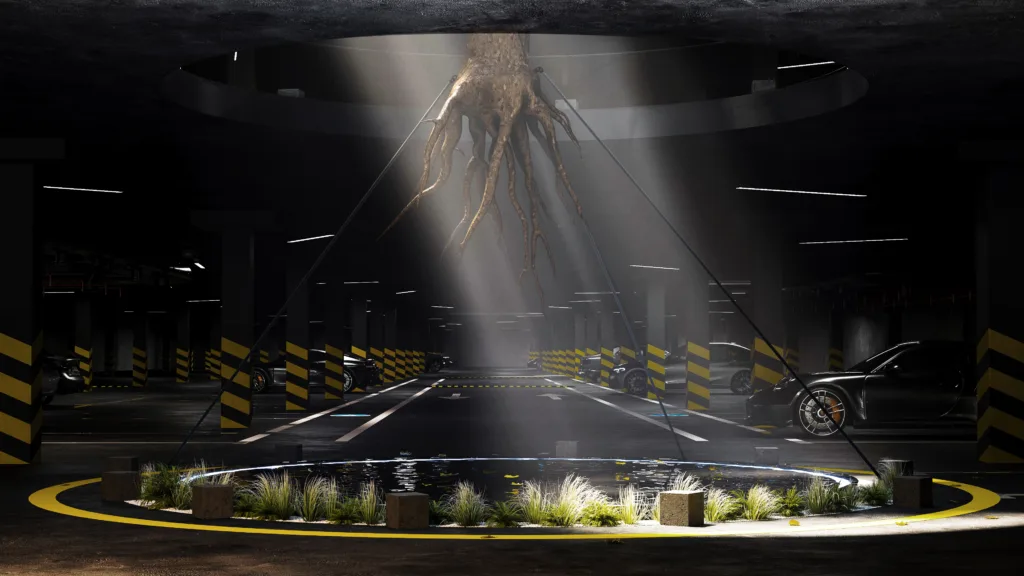 Коріння дерева у підземному паркінгу з водоймою