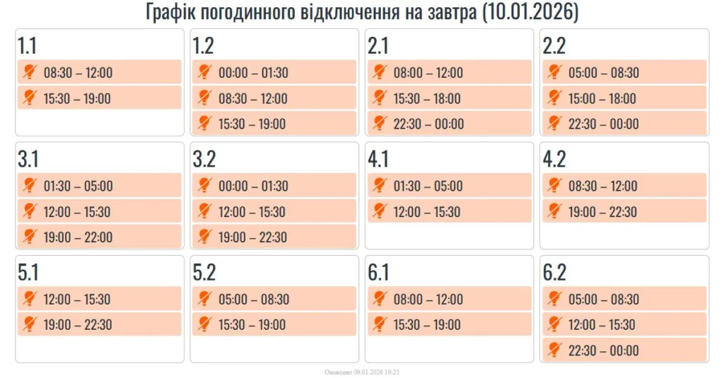 Графік погодинного відключення електроенергії 10 січня 2026