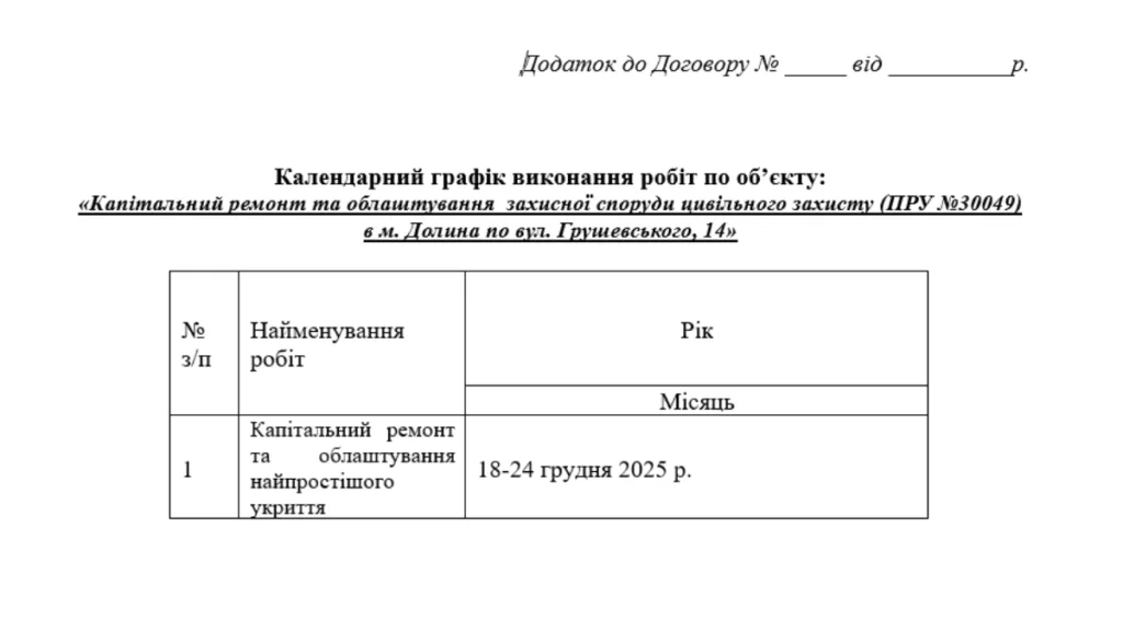 Календарний графік капітального ремонту укриття Долина