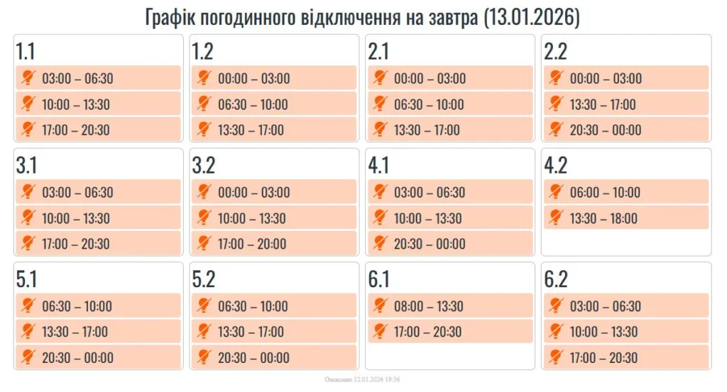 Графік погодинного відключення електроенергії на 13 січня 2026