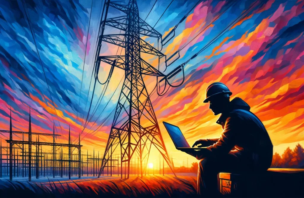 Інженер працює з ноутбуком біля електричних ліній