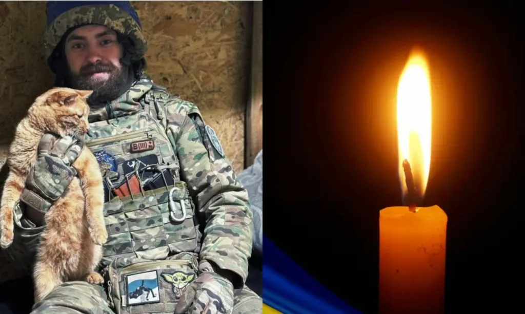 Військовий з котом та палаюча свічка пам’яті