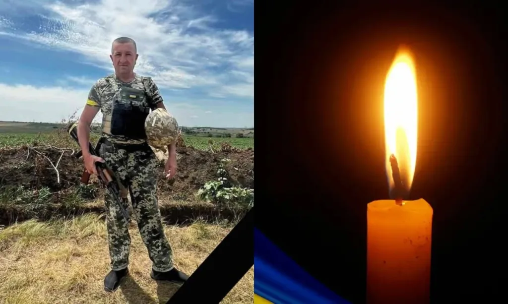 Український військовий на полі та палаюча свічка пам’яті