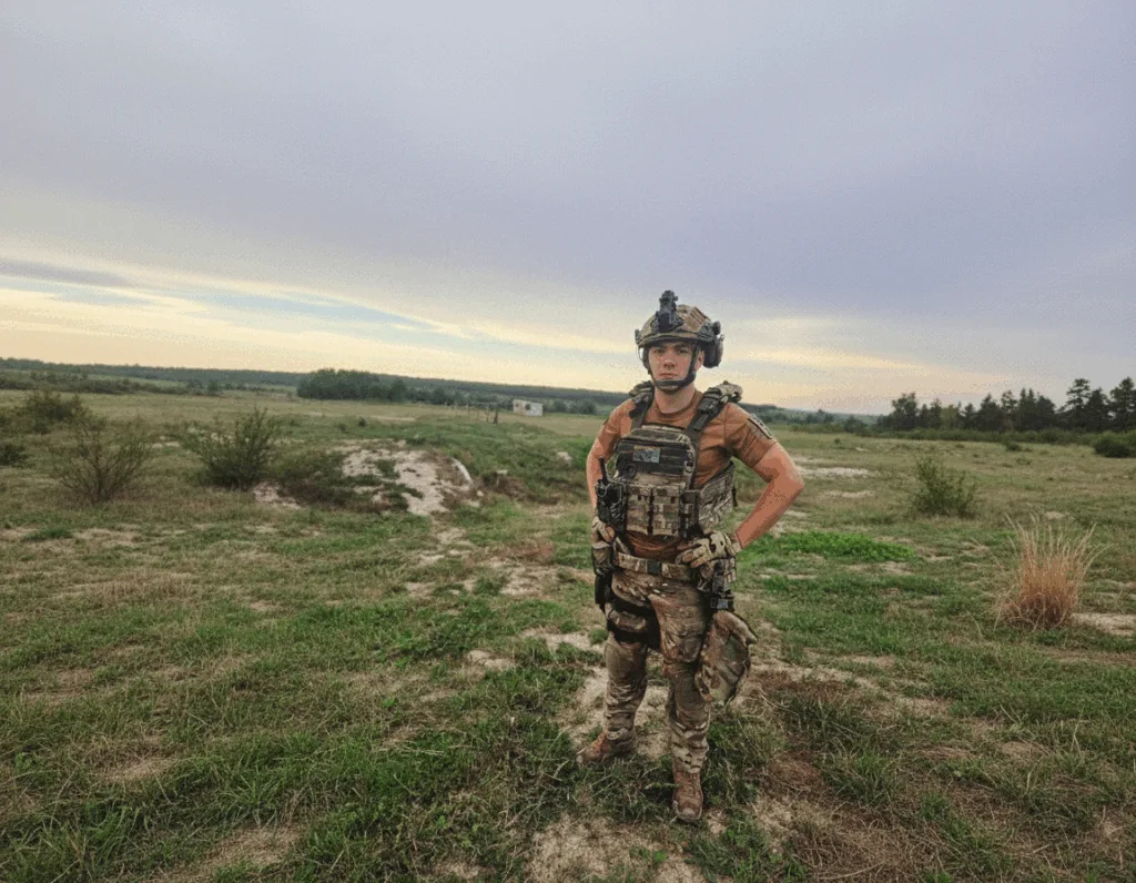 Військовий у камуфляжі стоїть на відкритому полі