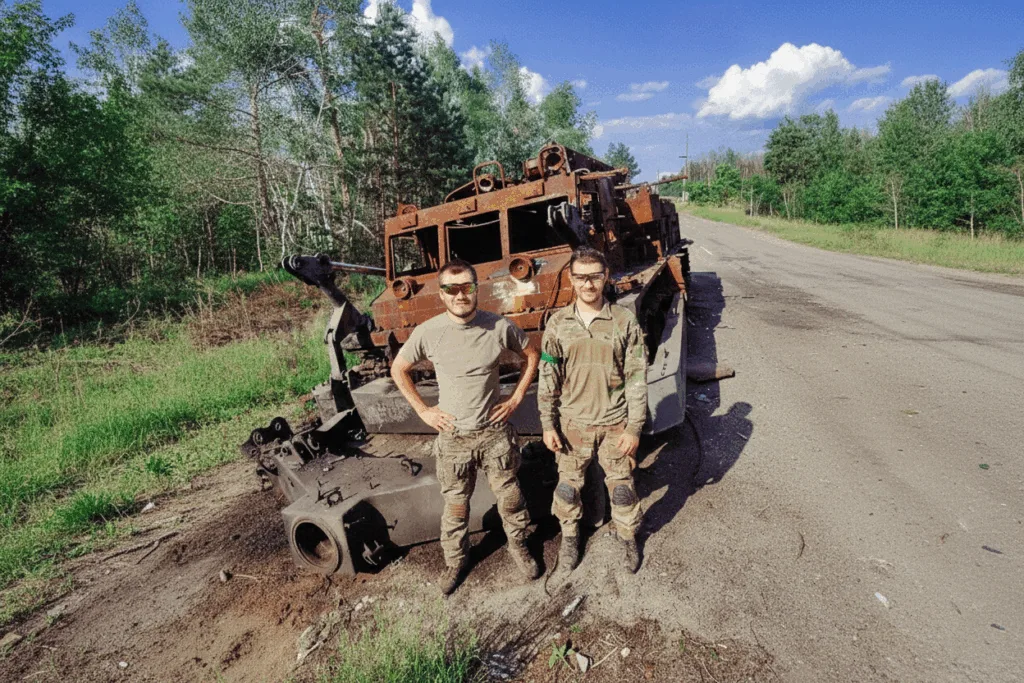 Військові стоять біля знищеної бронемашини на дорозі