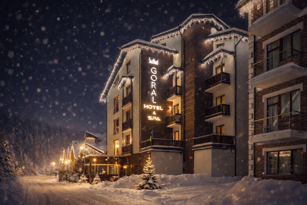 Затишний гірський готель взимку зі снігом