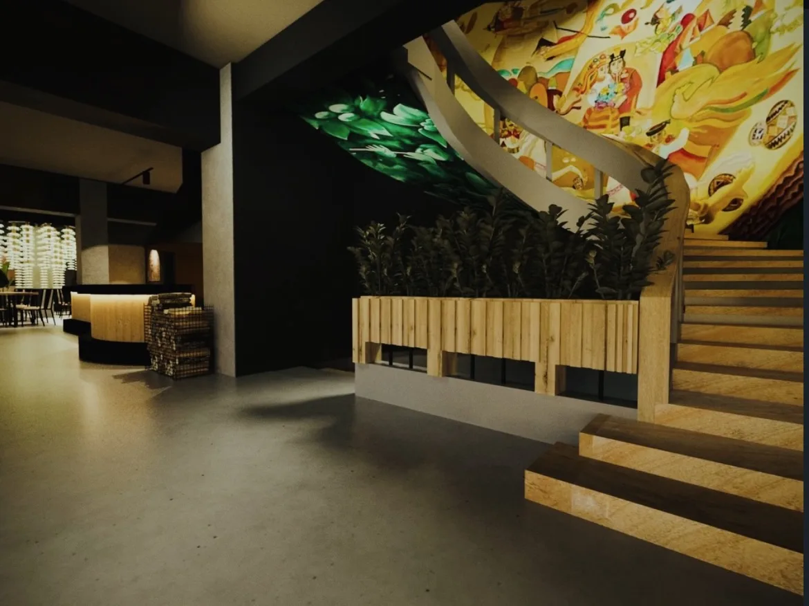 Сучасний інтер'єр ресторану з яскравим настінним розписом