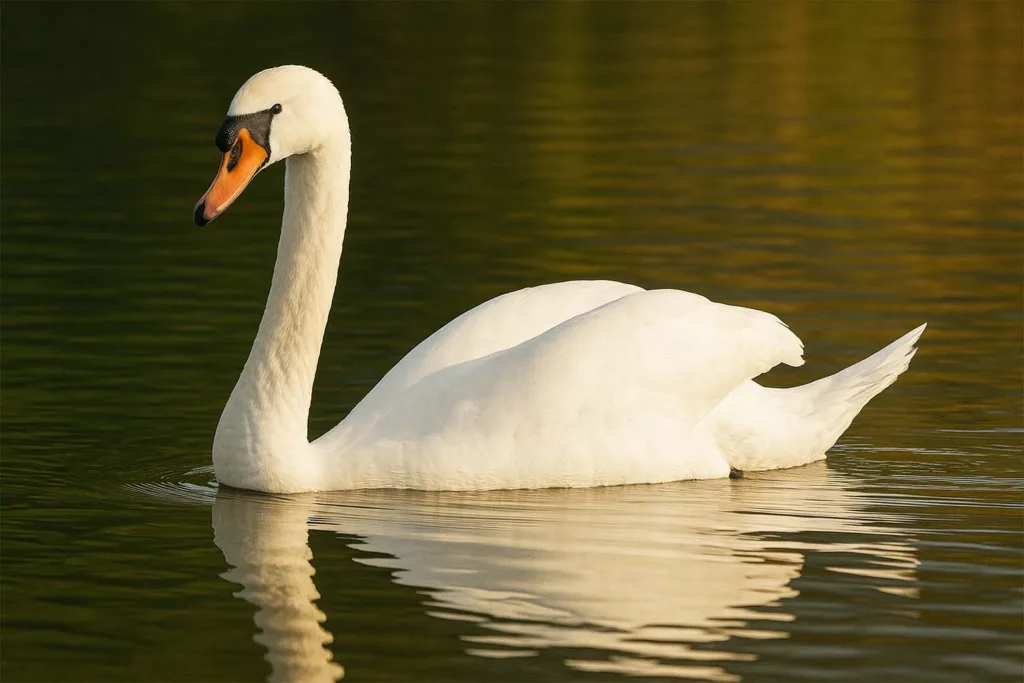 Білий лебідь пливе по спокійній воді