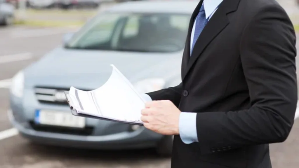 Чоловік у костюмі з документами біля автомобіля