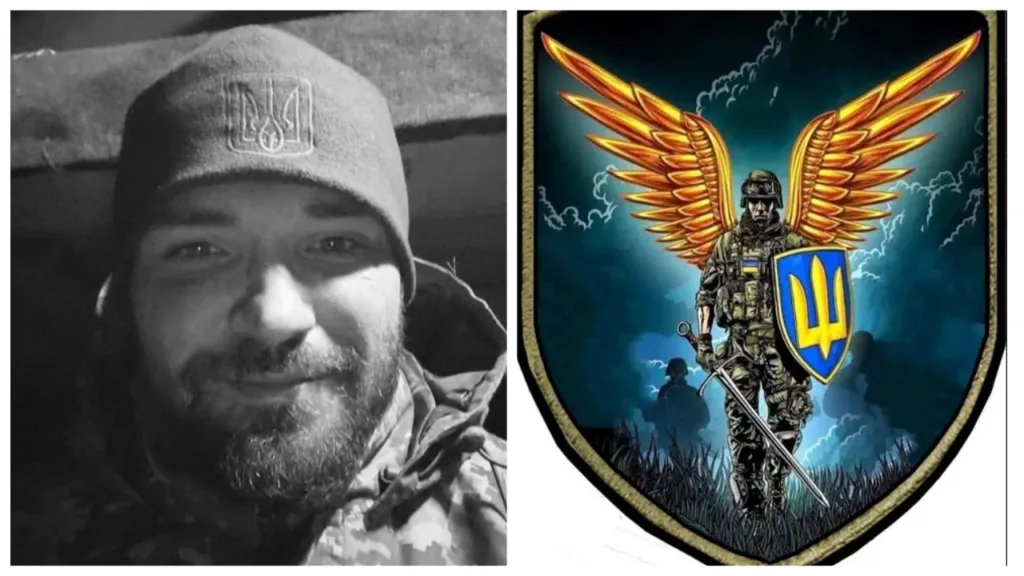 Український боєць і герб із золотими крилами