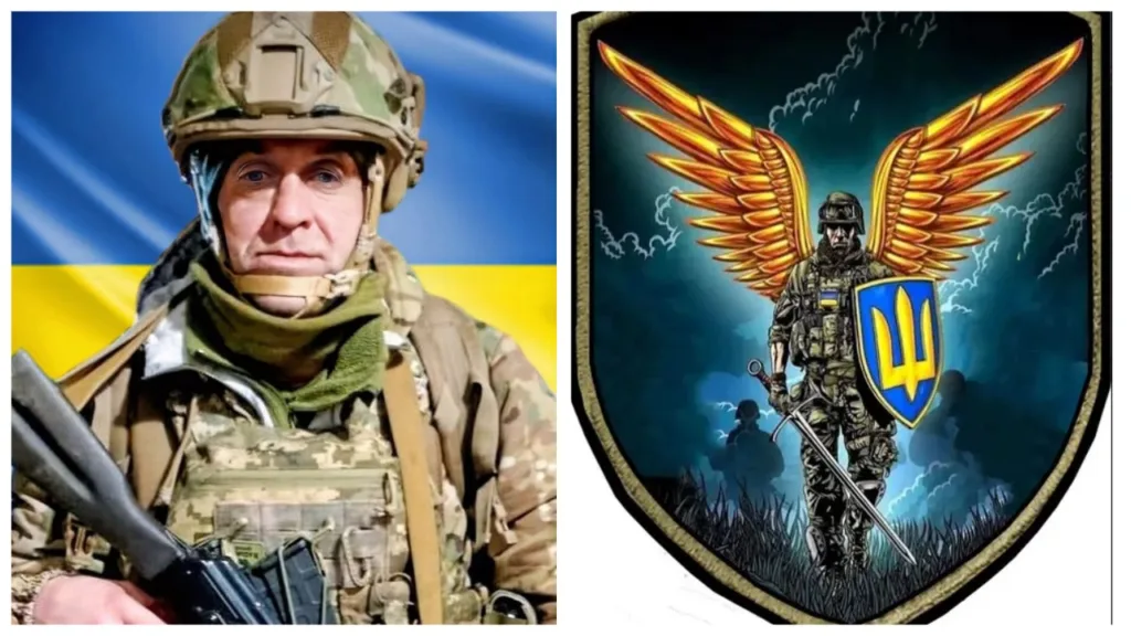 Український військовий та герб із крилами і тризубом