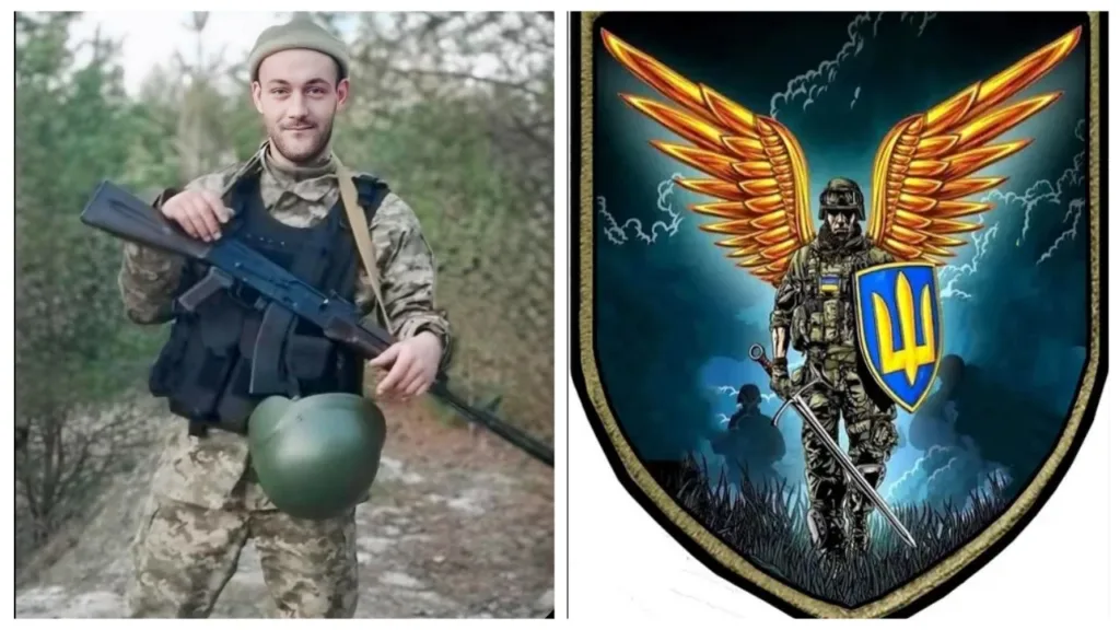 Український військовий та емблема захисника України