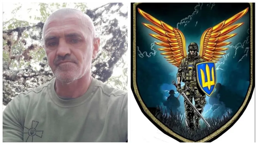 Український військовий та герб із крилатим воїном