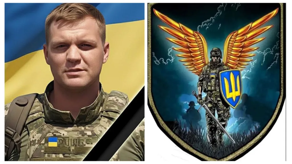 Український військовий та герб із воїном і тризубом