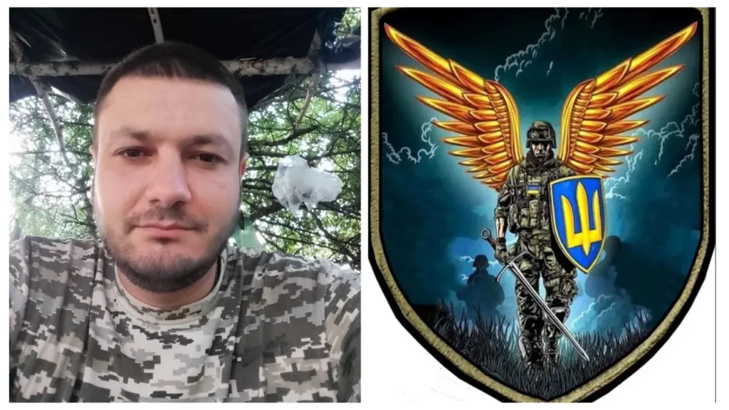 Український військовий та герб із золотими крилами