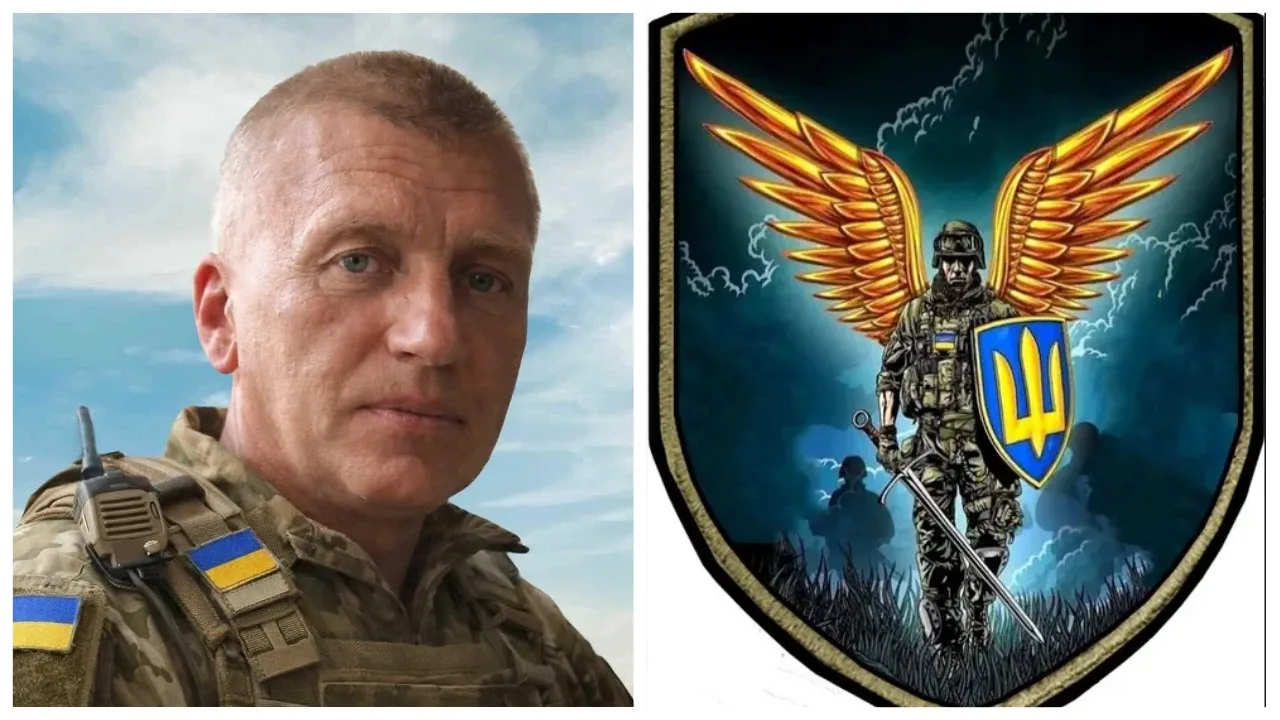 Український військовий та емблема з крилатим воїном