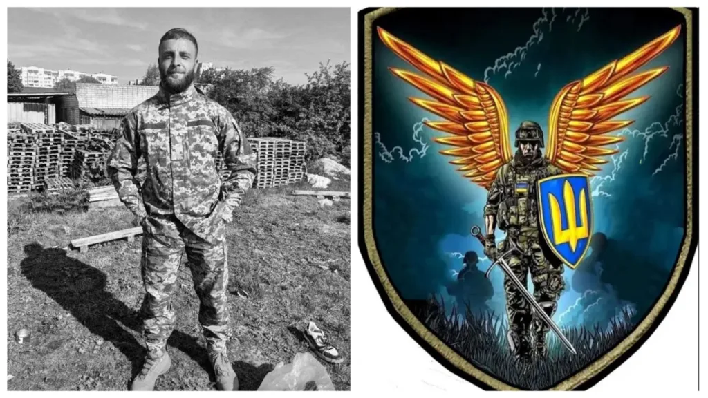 Український військовий і герб із крилатим воїном