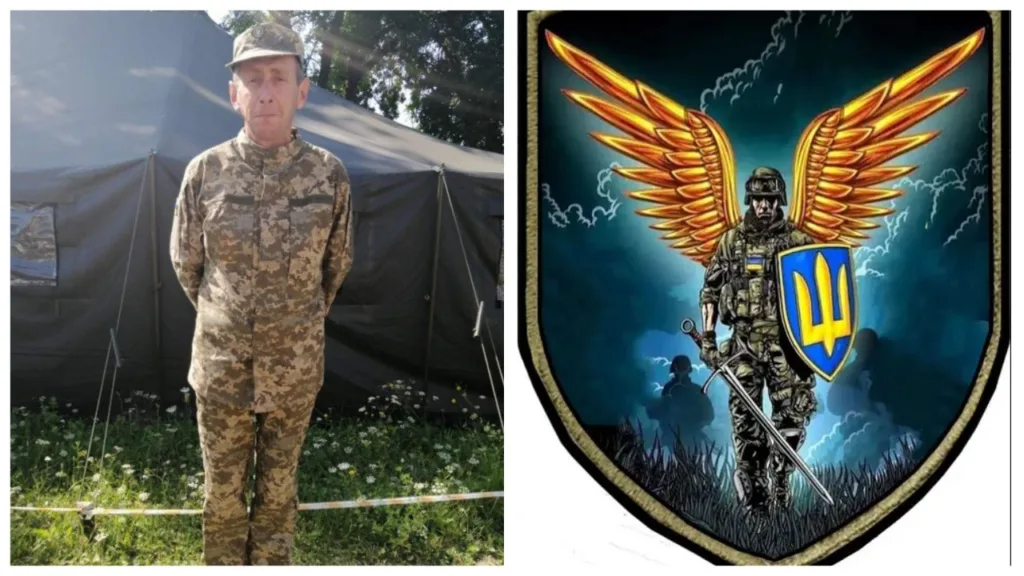 Український військовий та герб із солдатом і крилами