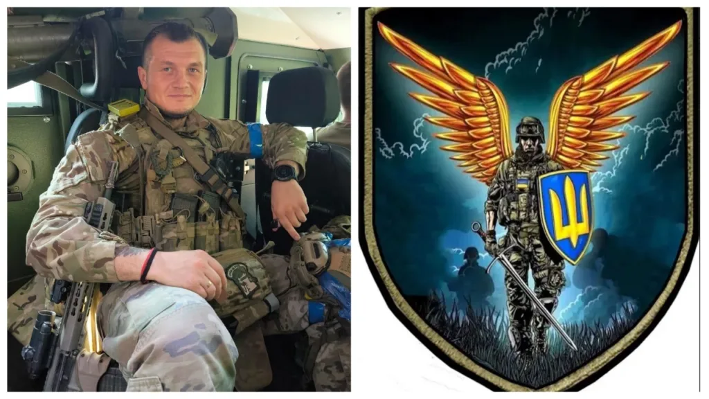 Український військовий та герб із крилатим воїном