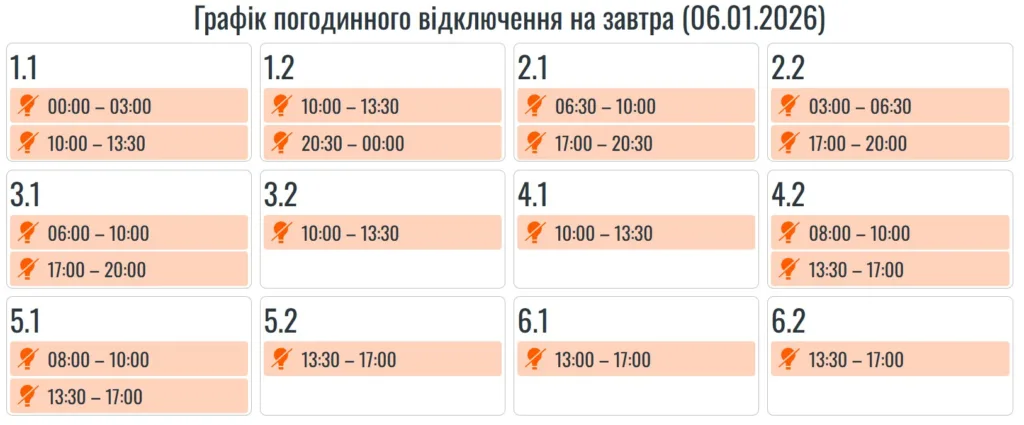 Графік погодинного відключення електроенергії 6 січня 2026