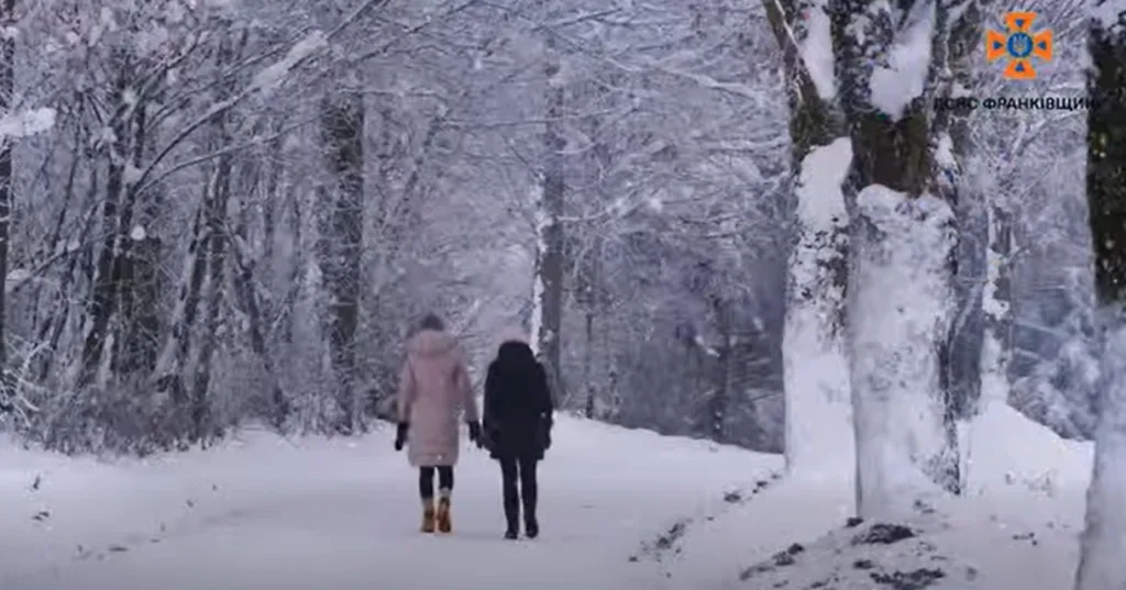 Люди йдуть зимовим засніженим лісом