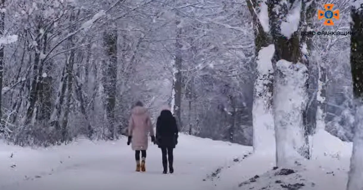 Люди йдуть зимовим засніженим лісом