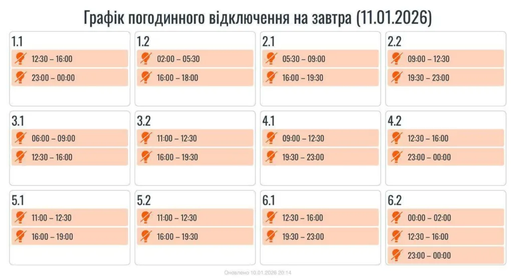 Графік відключення електроенергії 11 січня 2026