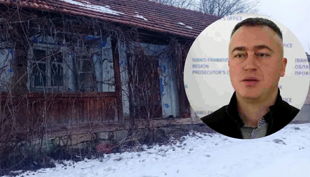 Занедбаний будинок узимку та чоловік на тлі стіни