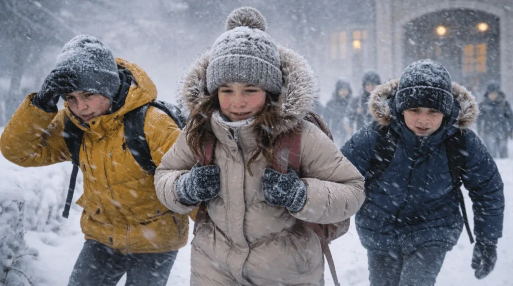 Діти йдуть крізь сильний снігопад до школи