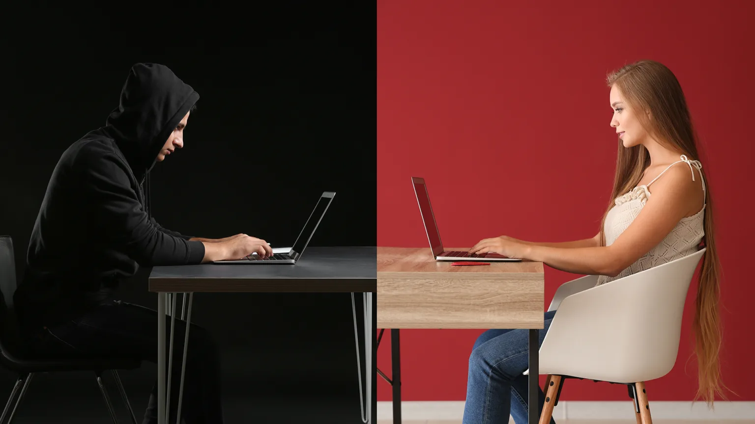 Хакер і жінка працюють за ноутбуками