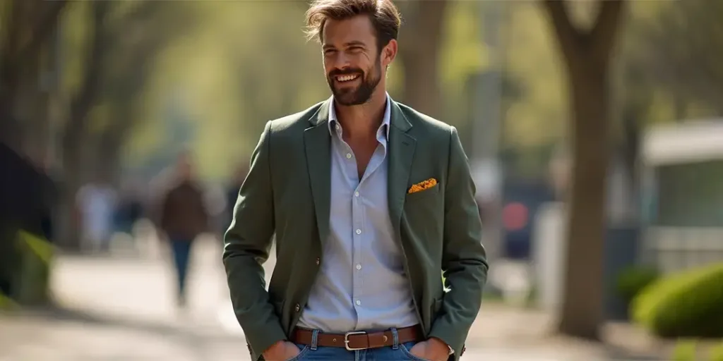 Стильний чоловік гуляє вулицею в піджаку