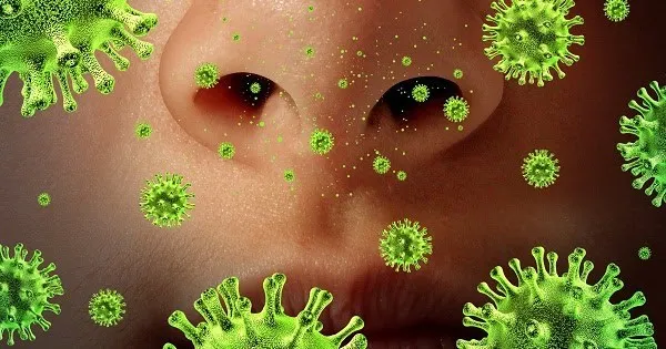 Ніс людини та зелені віруси у повітрі