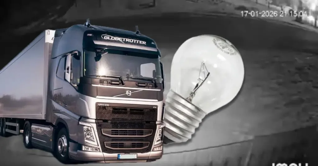Вантажівка Volvo поряд із лампочкою на фоні дороги