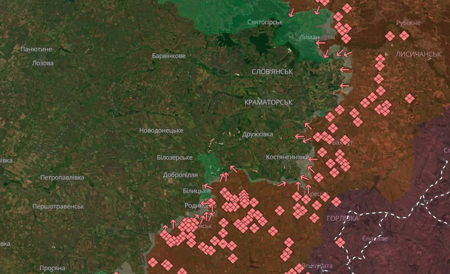 Карта фронту Донбасу з напрямками атак